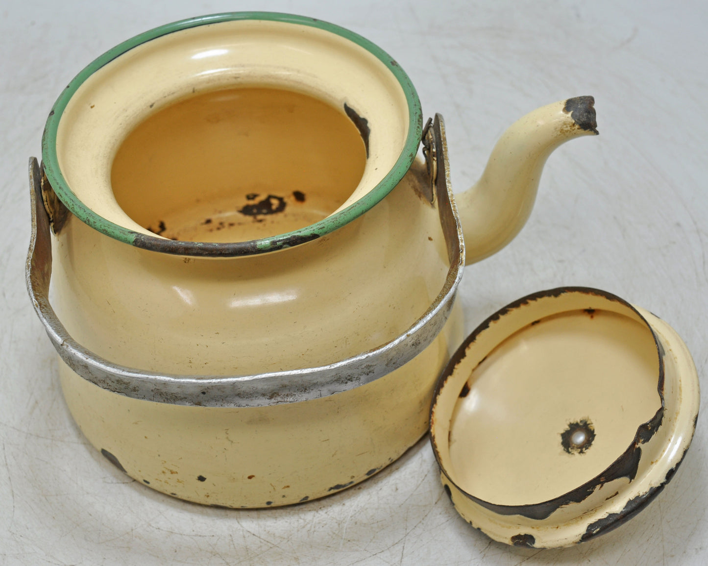 Vintage Iron Enamelware Tea Kettle Original Old Hand Crafted Enamel Painted