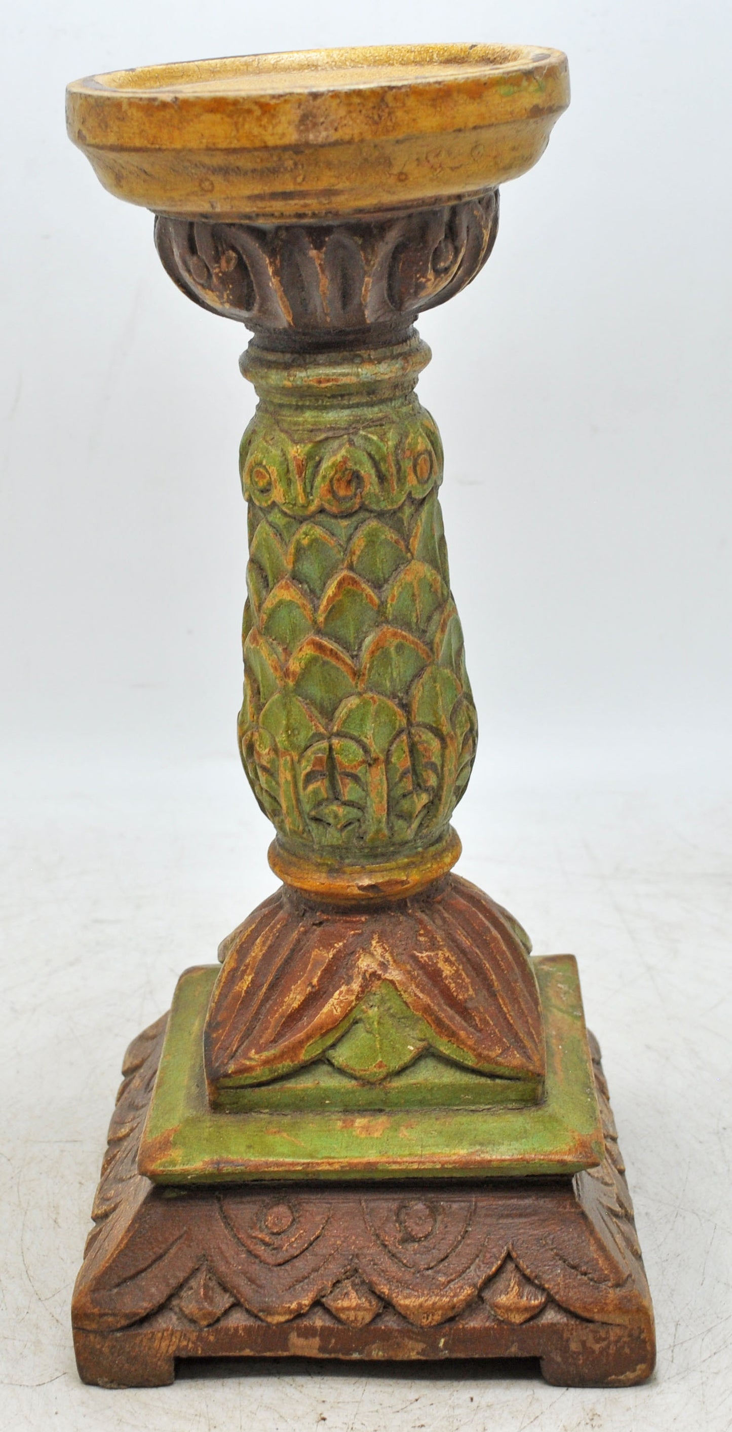 Vintage Wooden Candle Holder Stand Original Old Hand Carved Painted
