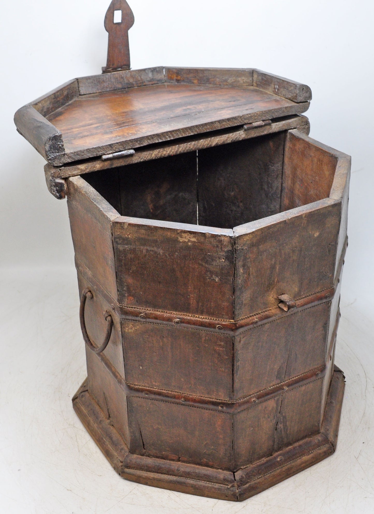Vintage Wooden Octagonal Storage Drum Box Original Old Fine Metal Fitted