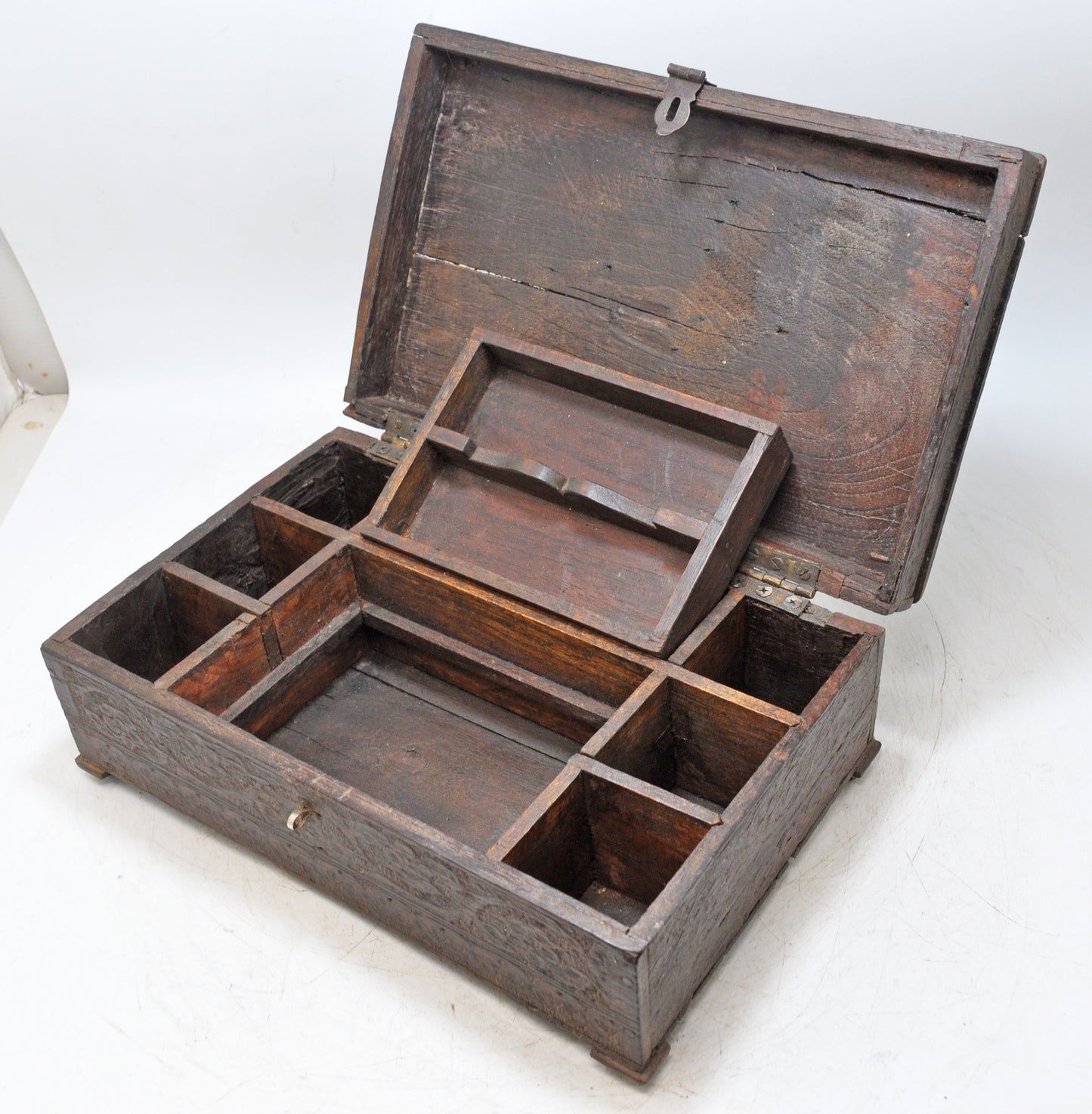 Antique Wooden Merchants Cash Chest Box Original Old Fine Hand Carved