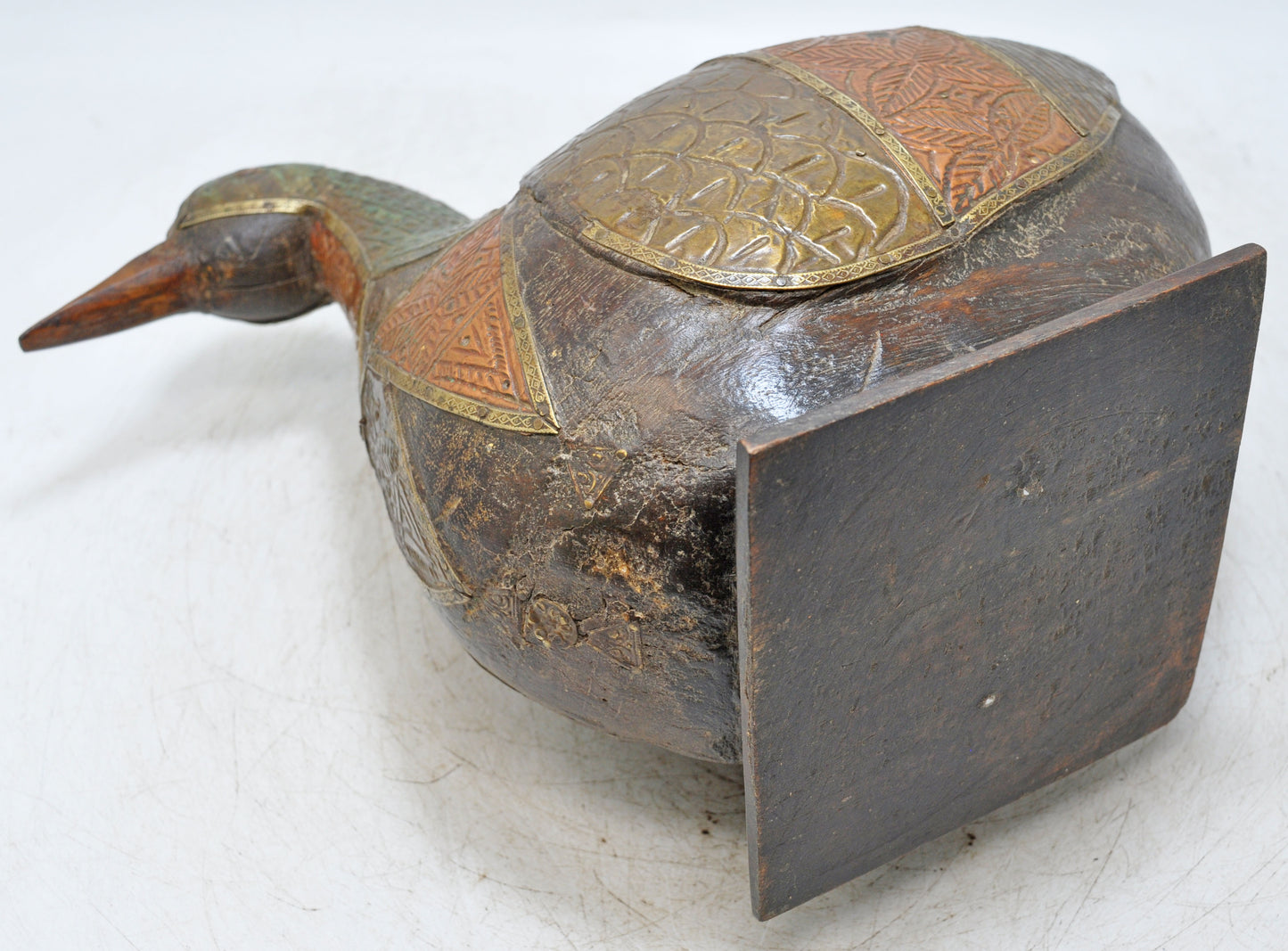 Vintage Wooden Bird Duck Figurine Original Old Hand Carved Brass Fitted