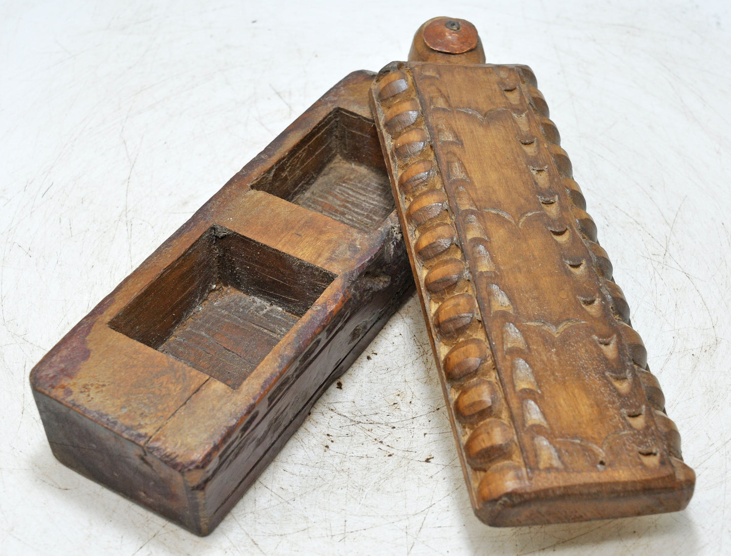 Antique Wooden Kitchenware Spice Box Original Old Hand Carved