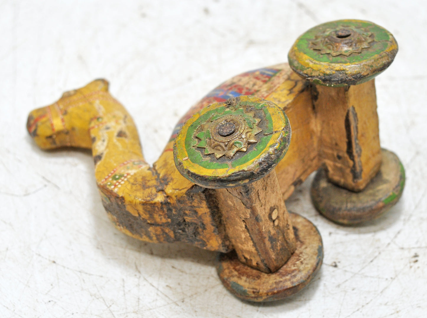 Vintage Wooden Small Camel on Wheels Figurine Original Old Hand Carved Painted