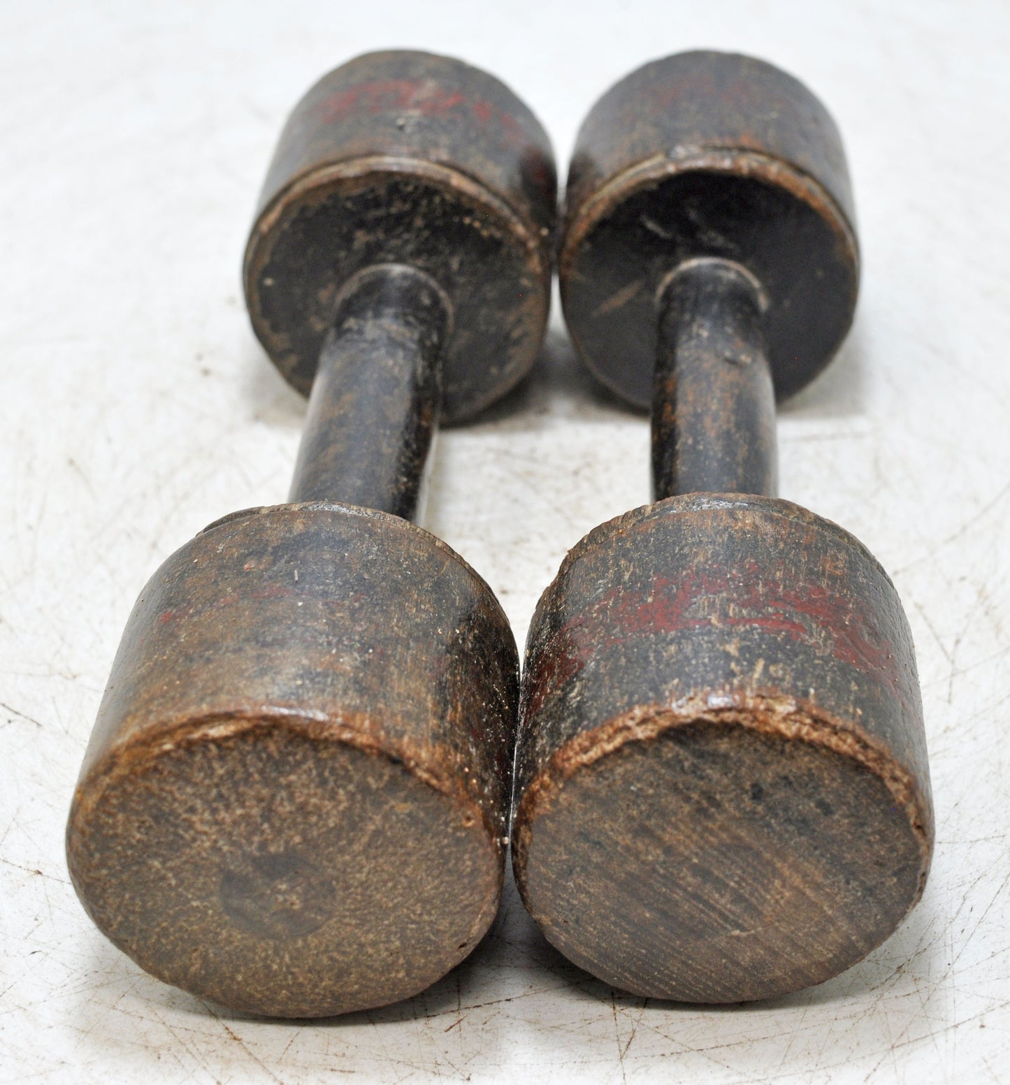 Vintage Wooden Kids Dumbbells Pair Original Old Hand Carved Painted