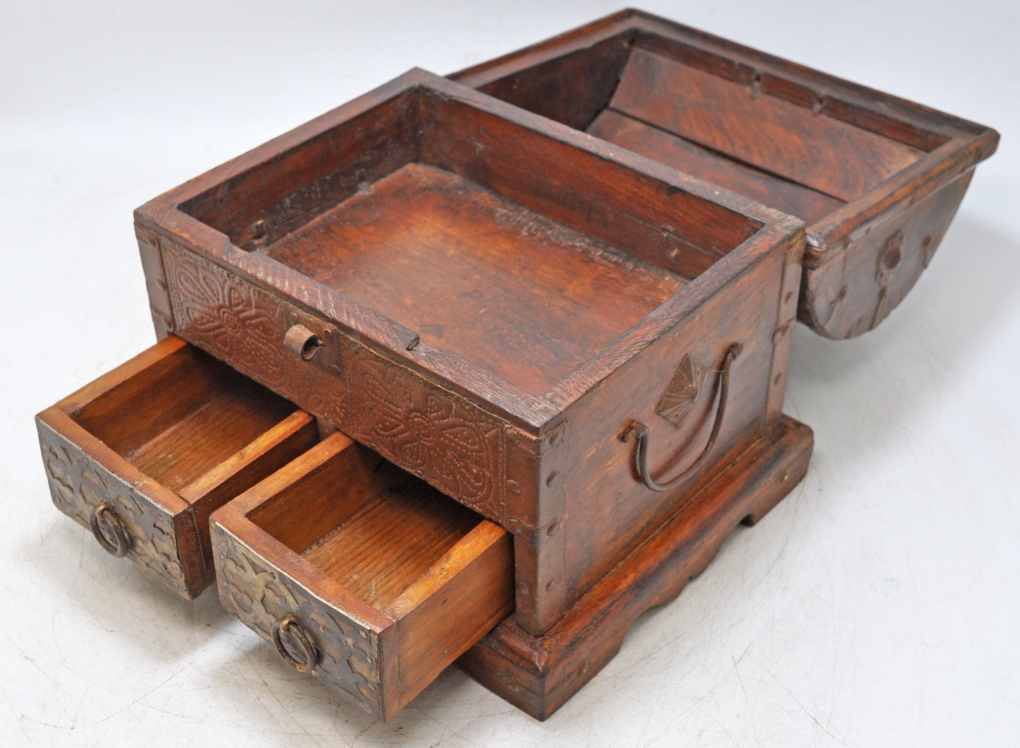 Vintage Wooden Half Round Top Storage Box Original Old Hand Crafted 2 Drawers