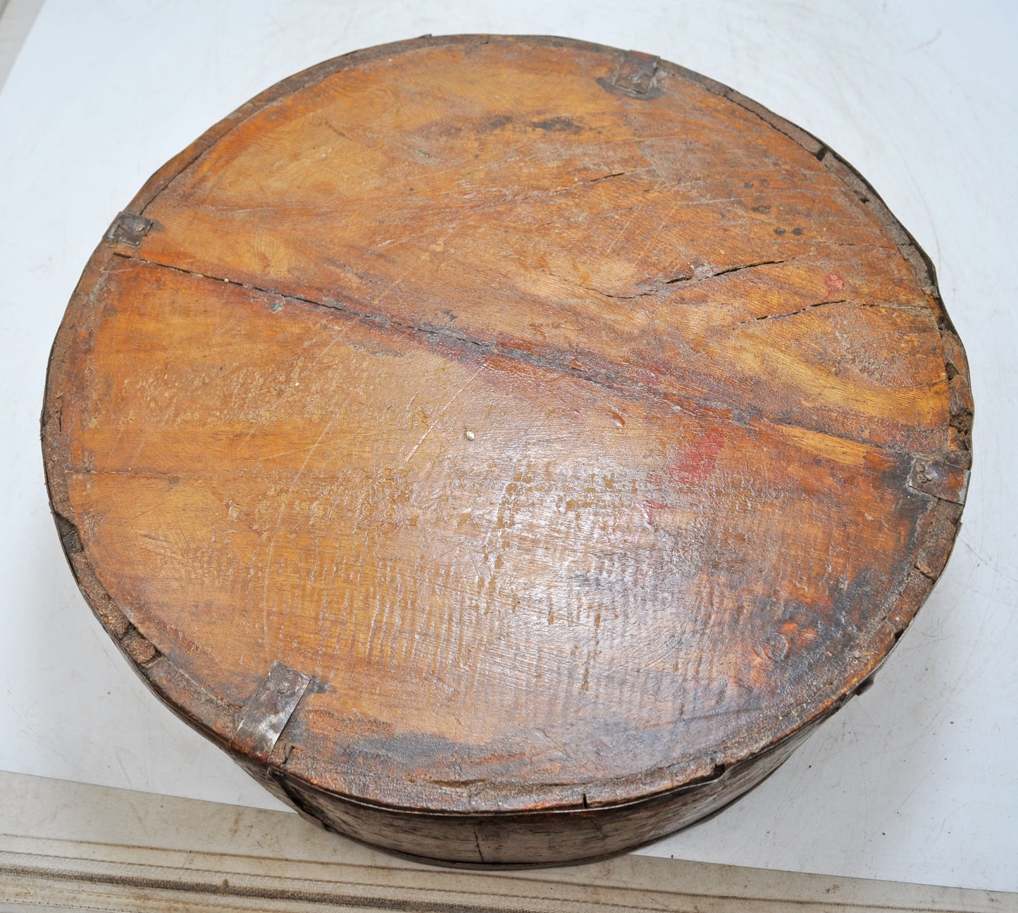 Vintage Wooden Round Basket Original Old Hand Crafted Painted