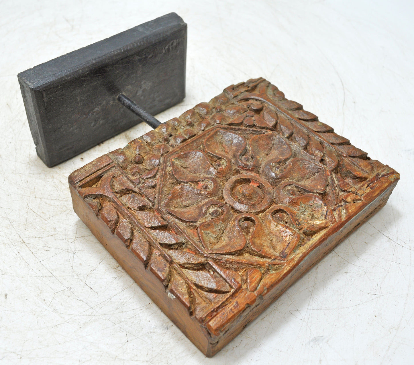 Antique Wooden Floral Carving Panel Plaque on Stand Original Old Hand Carved