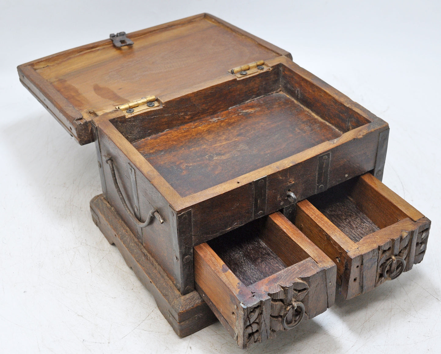Antique Wooden 2 Drawers Storage Box Original Old Hand Crafted Carved