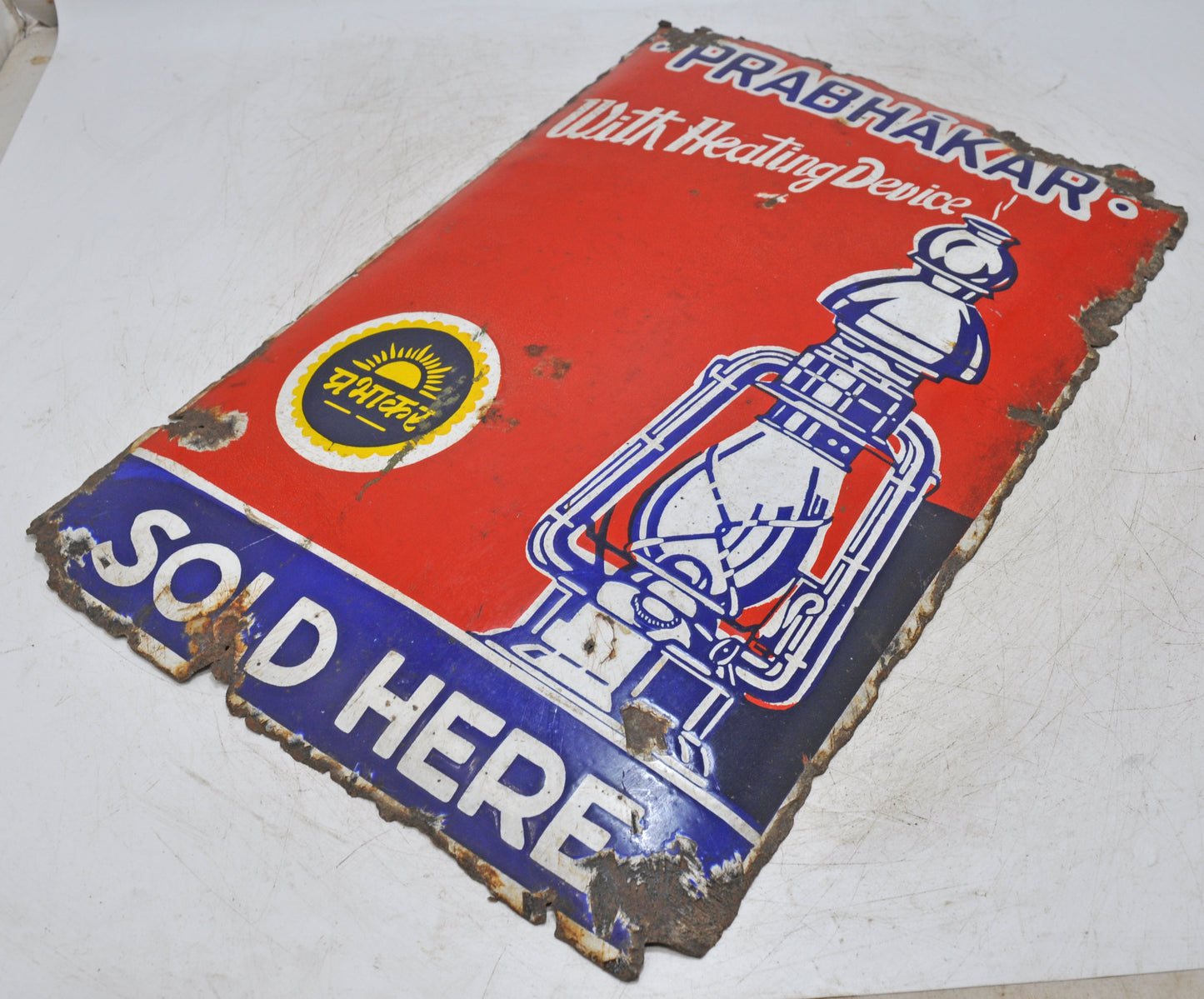 Antique Iron Enamel Porcelain Ad Sign Prabhakar Lanterns Original Old Glossy Colors