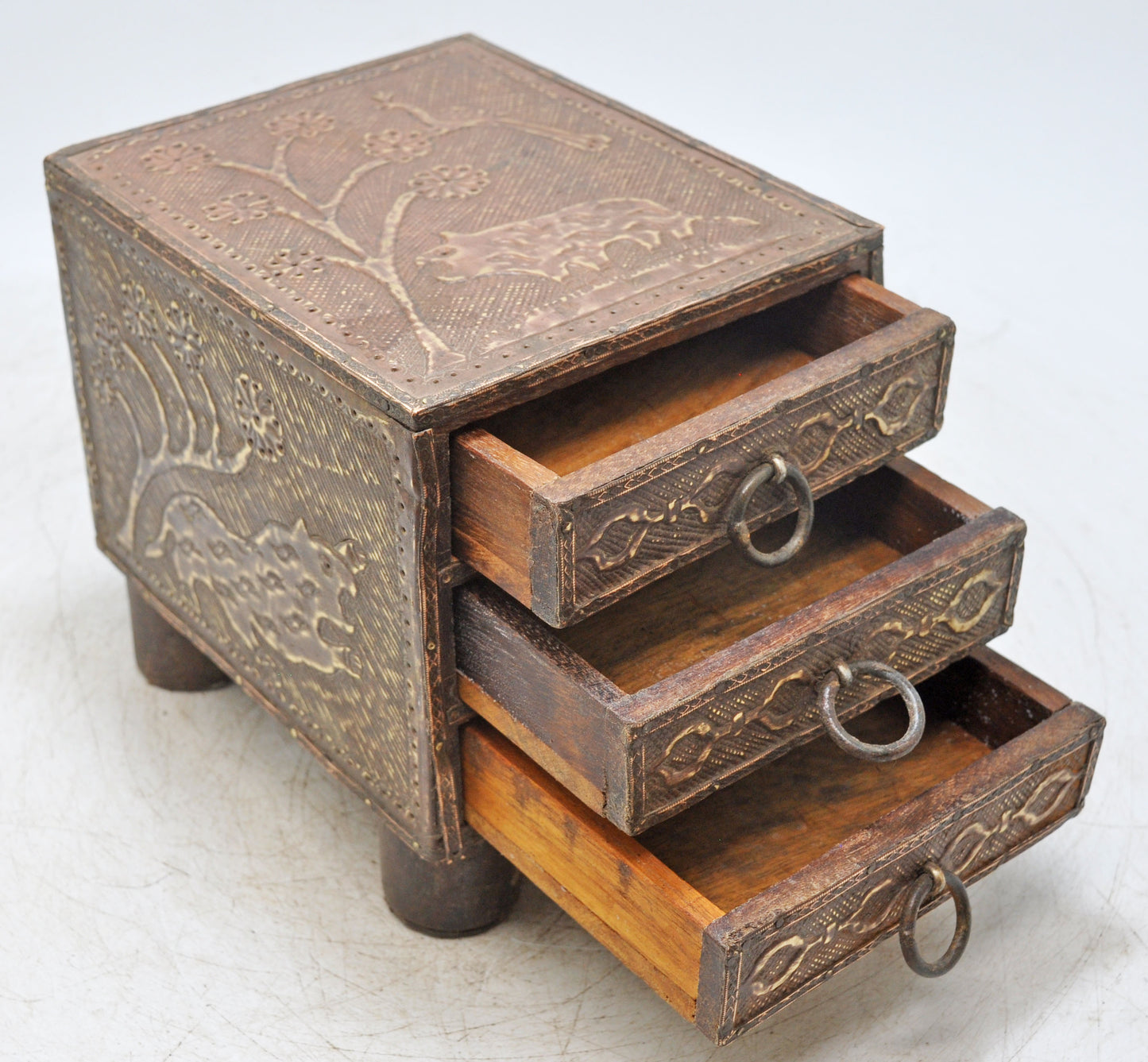 Antique Wooden Small Drawers Storage Box Original Old Fine Brass Fitted
