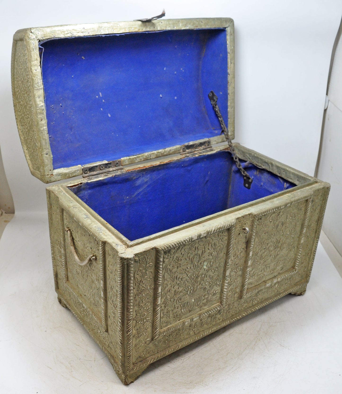 Antique Wooden Large Storage Chest Box Original Old Fine White Metal Fitted