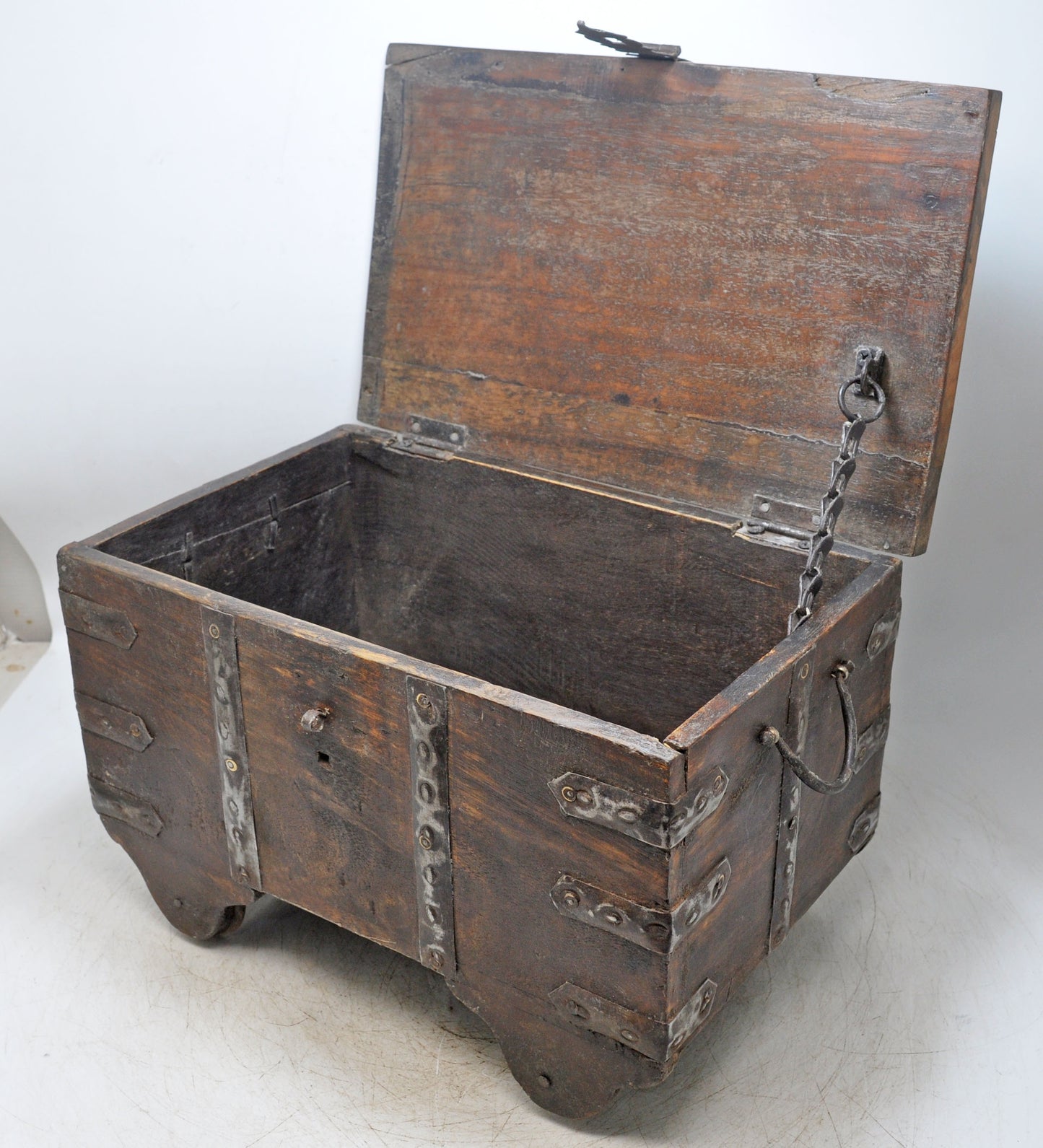 Antique Wooden Storage Chest Box Original Old Hand Crafted Metal Fitted