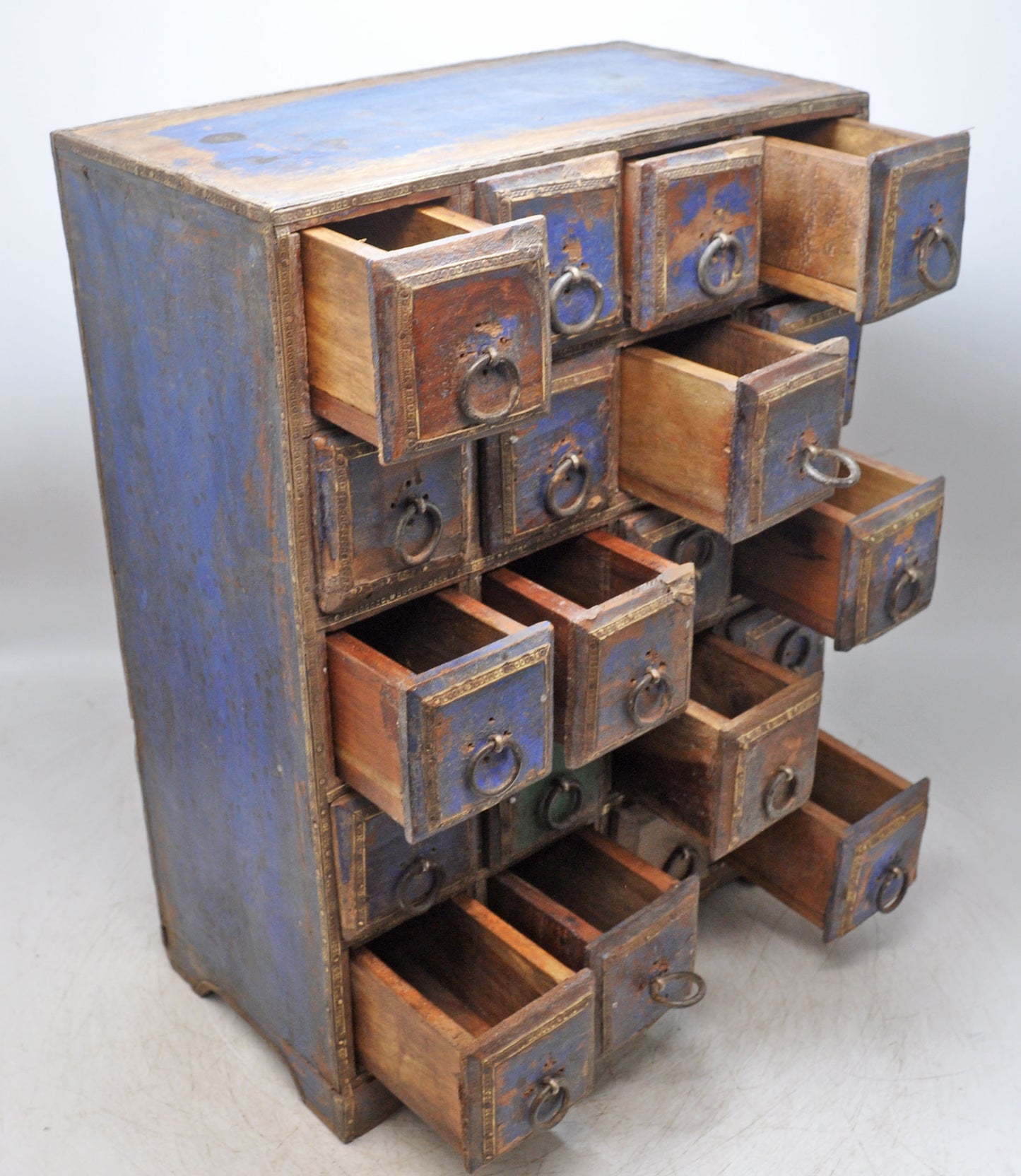Vintage Wooden 20 Drawers Mini Storage Chest Original Old Hand Crafted Polychrome