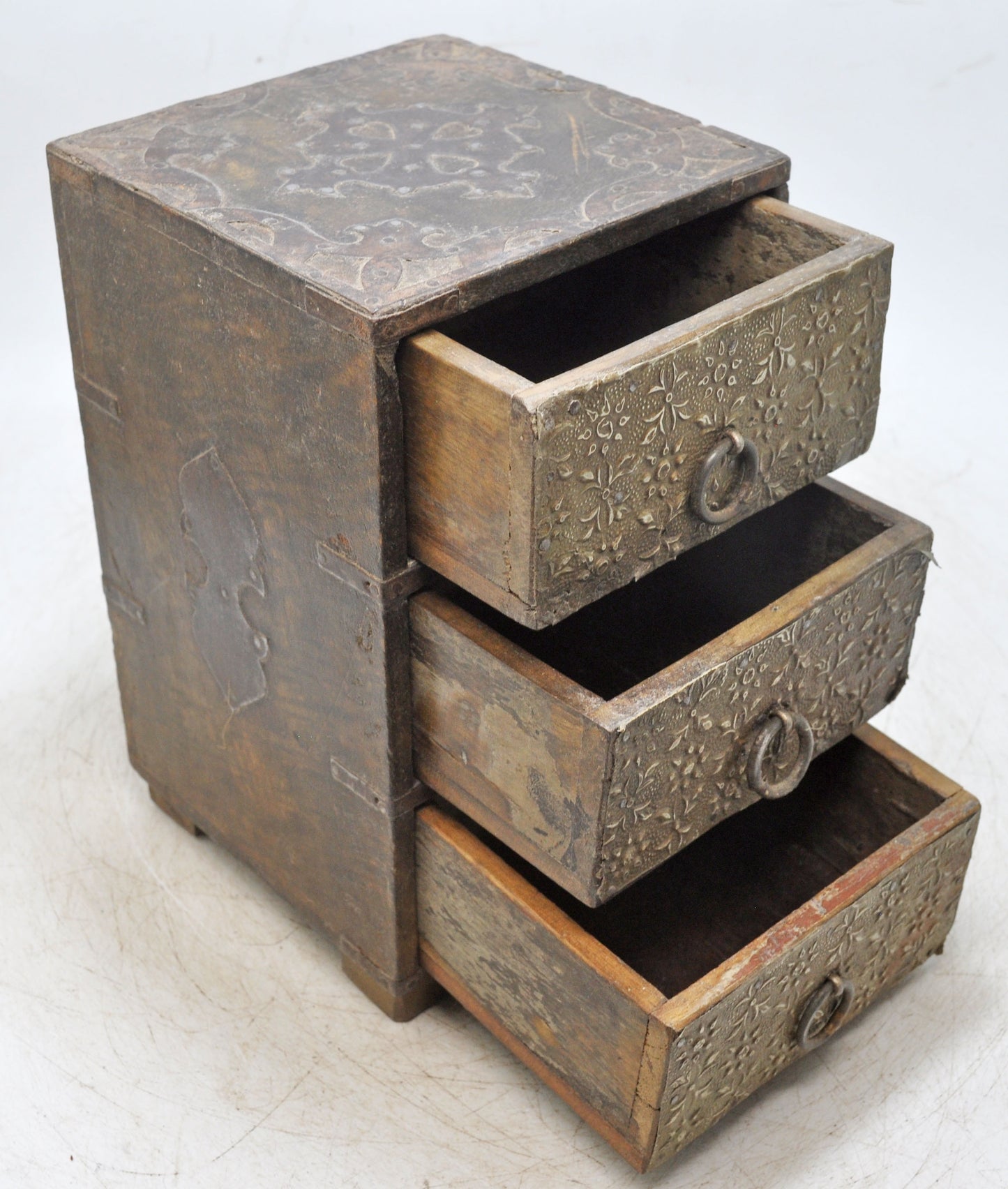 Vintage Wooden 3 Drawers Mini Storage Chest Original Old Hand Crafted Brass Fitted