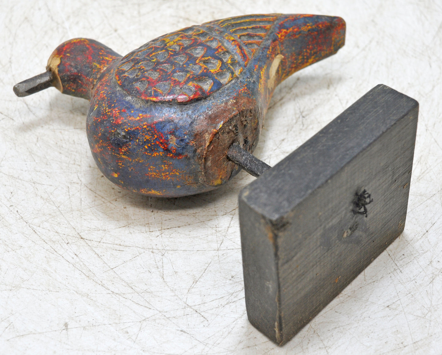 Vintage Wooden Bird Figurine Original Old Hand Carved Brass Fitted