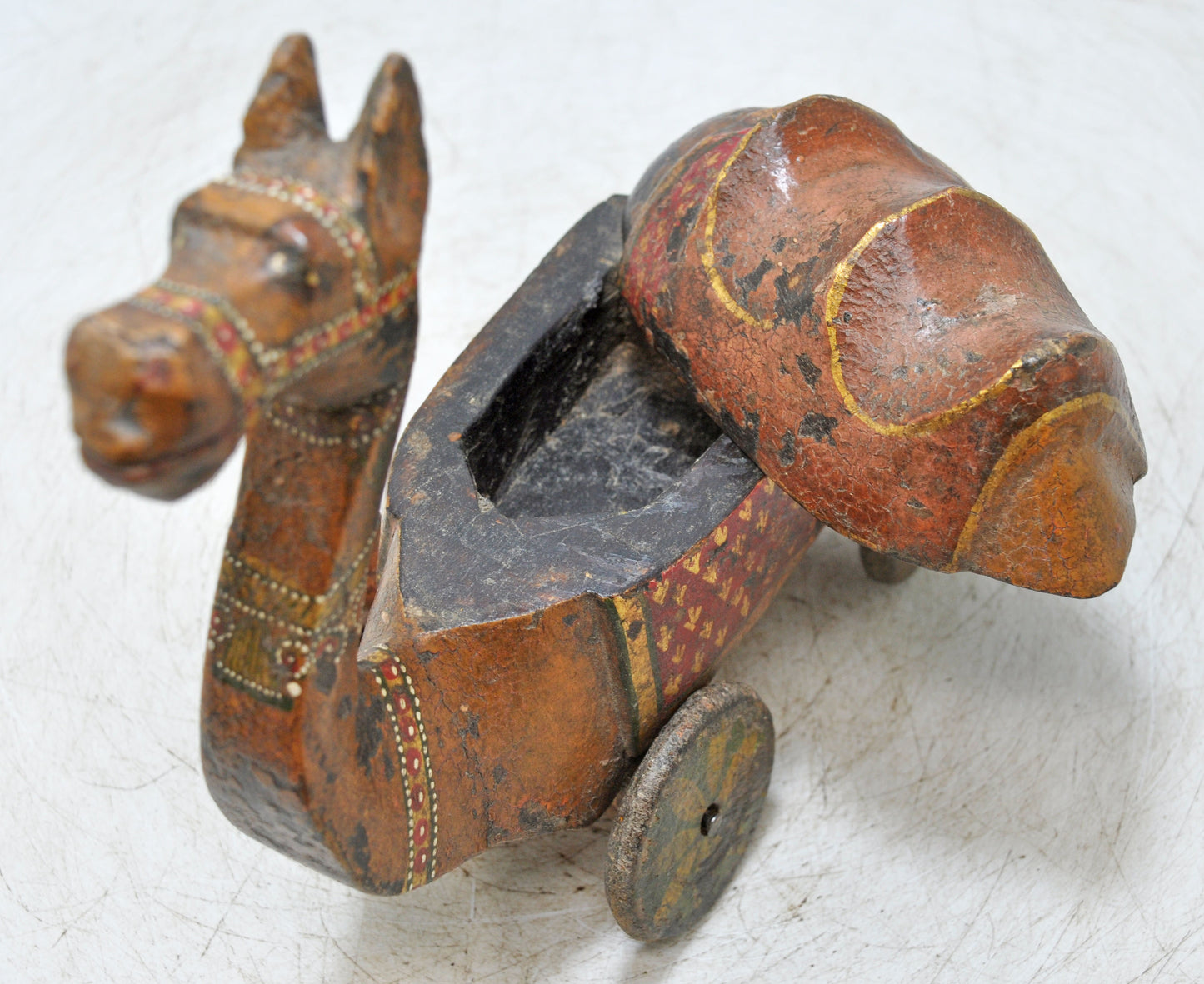 Vintage Wooden Camel on Wheels Figurine Spice Box Original Old Hand Carved Painted