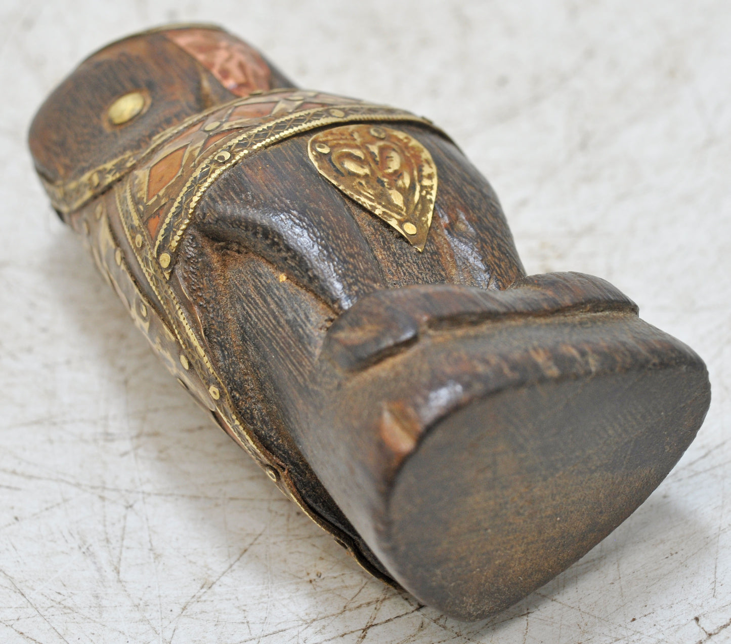 Vintage Wooden Owl Figurine Original Old Hand Carved Brass Fitted
