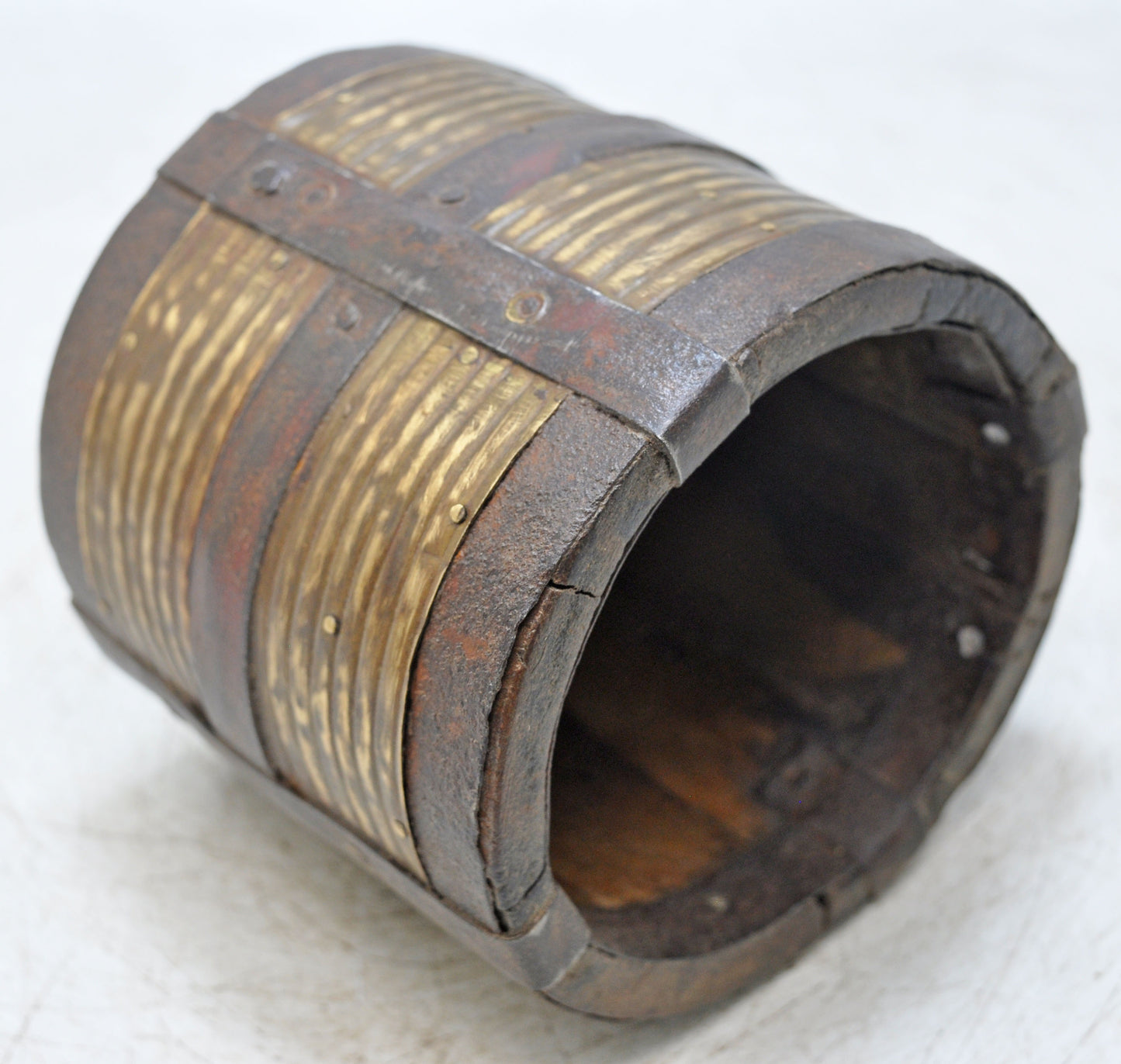 Vintage Wooden Grain Measurement Pot Paili Original Old Hand Crafted Brass Fitted