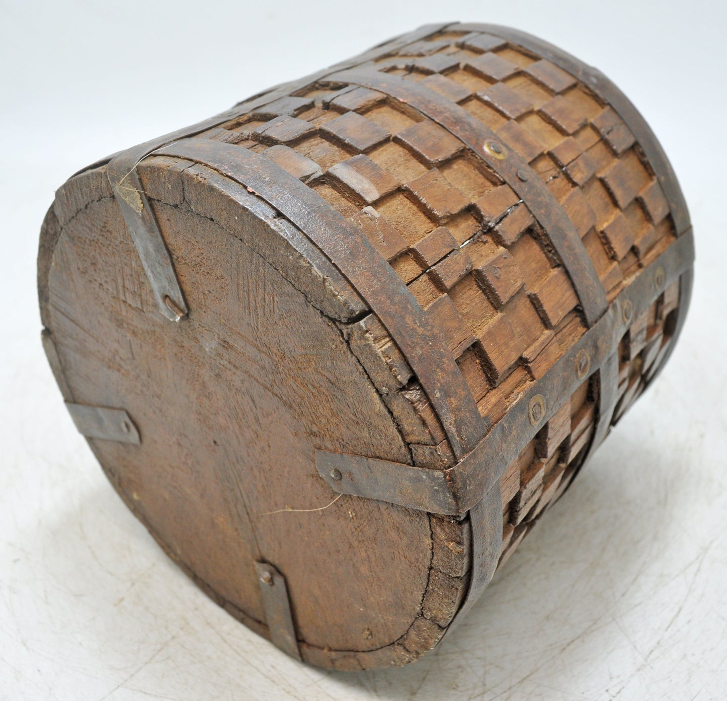 Vintage Wooden Small Planter Pot Original Old Hand Crafted Metal Fitted Carved