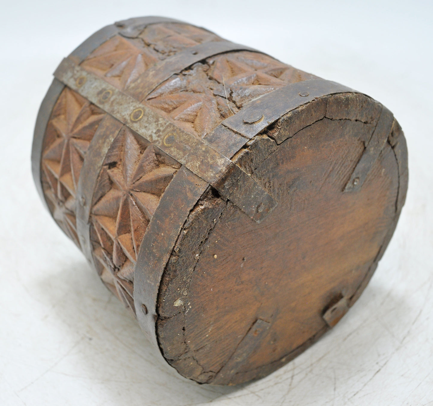 Vintage Wooden Small Planter Pot Original Old Hand Crafted Metal Fitted Carved