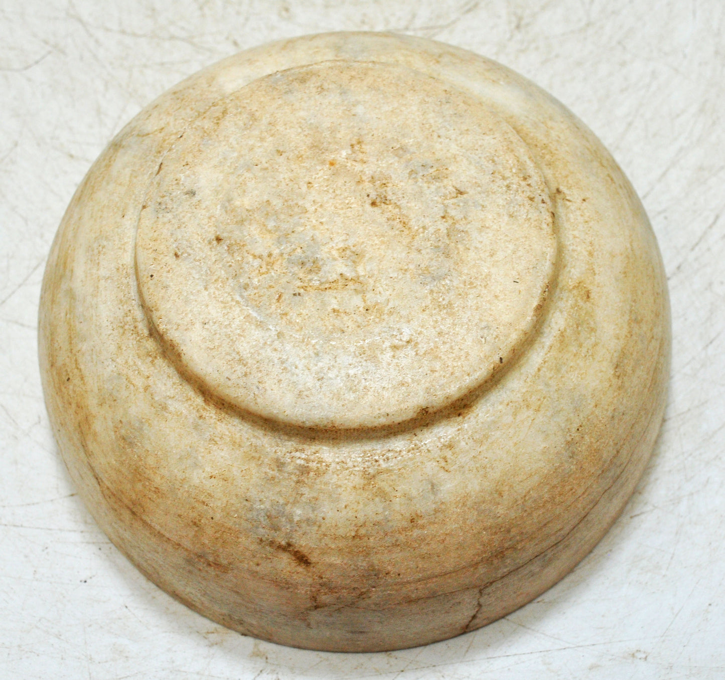 Antique White Marble Round Curry Bowl Original Old Hand Carved