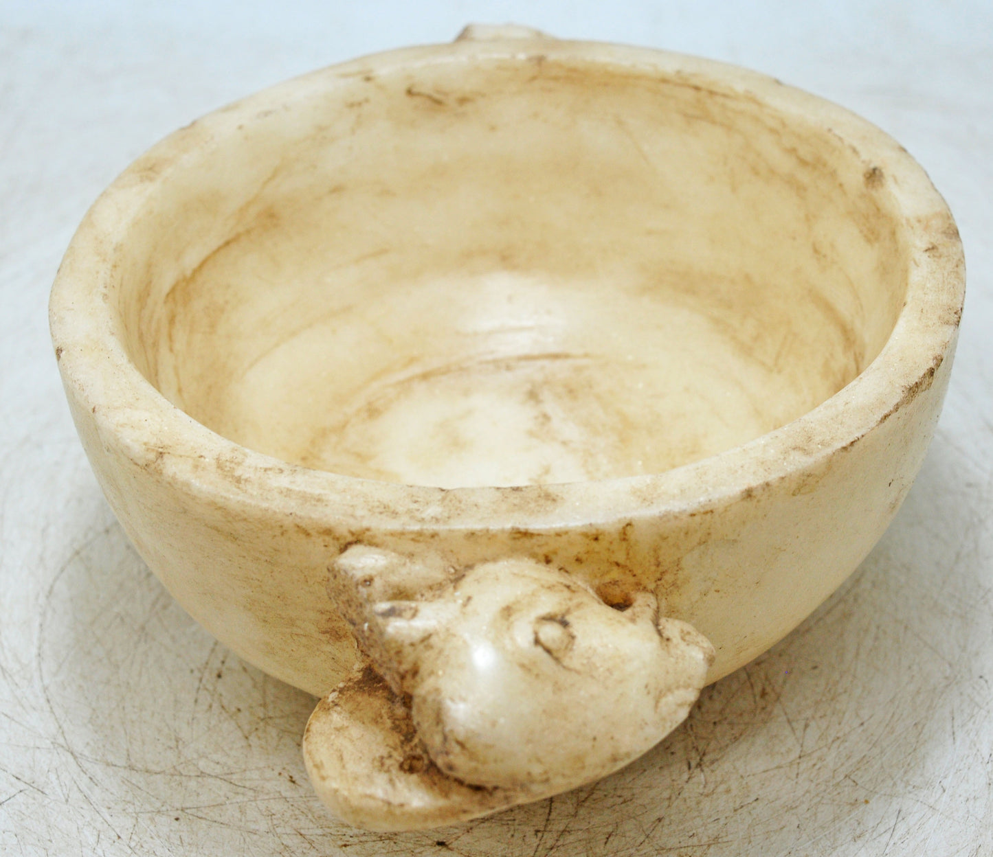 Vintage White Marble Round Ram Head Bowl Original Old Hand Carved
