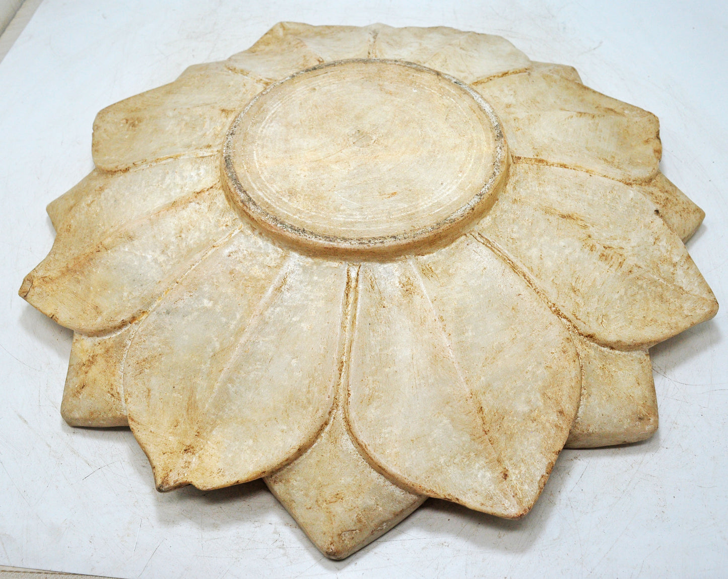 Vintage White Marble Large Lotus Floral Shaped Bowl Original Old Fine Hand Carved