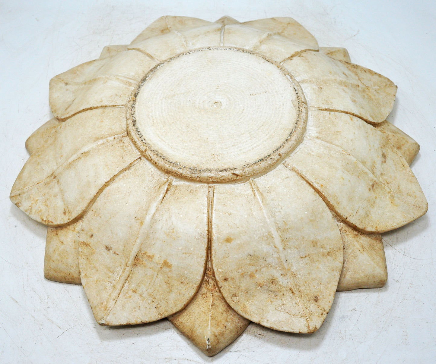 Vintage White Marble Large Lotus Floral Shaped Bowl Original Old Fine Hand Carved