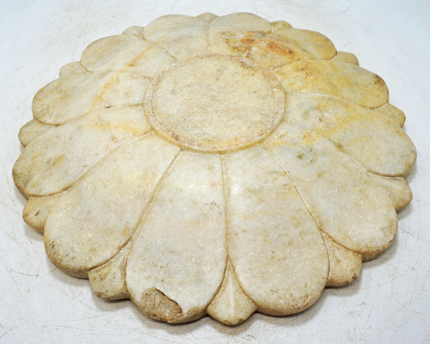 Vintage White Marble Large Lotus Floral Shaped Bowl Original Old Fine Hand Carved