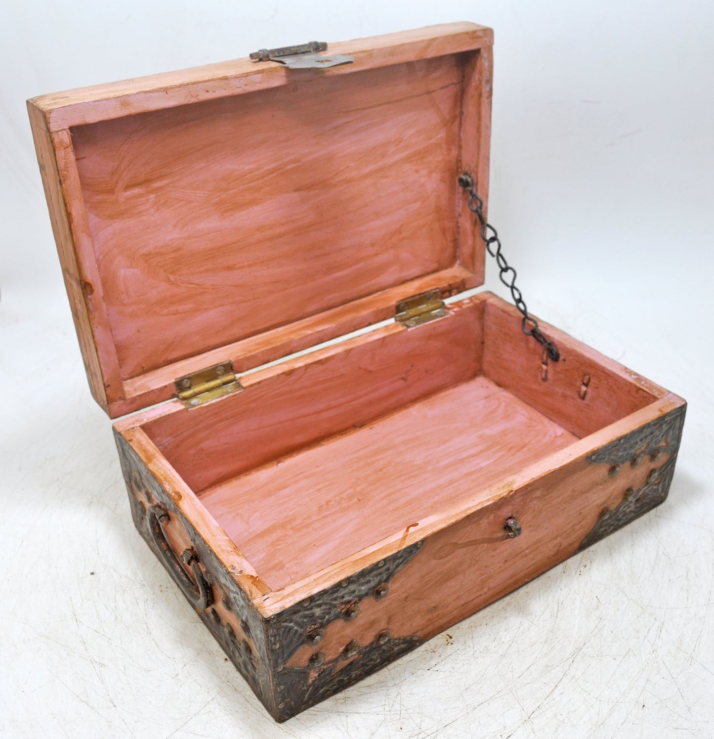 Vintage Wooden Storage Box Original Old Hand Crafted Metal Fitted