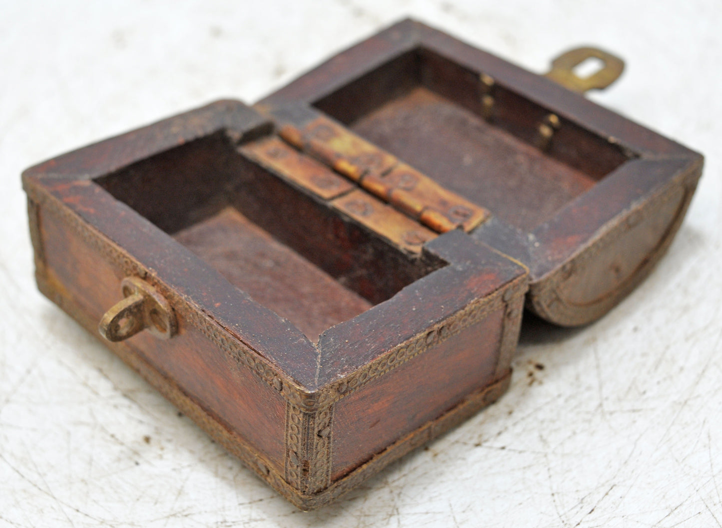 Vintage Wooden Small Half Round Top Storage Box Original Old Hand Crafted Brass Fitted
