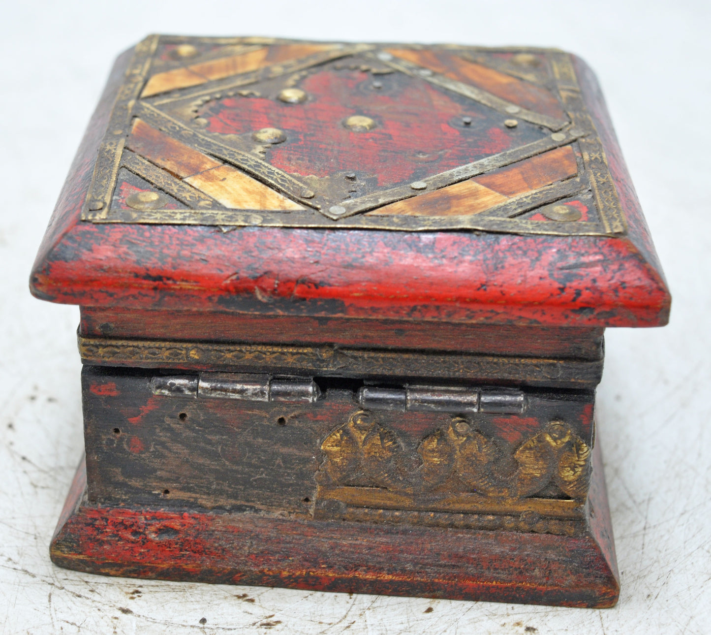 Vintage Wooden Small Square Storage Box Original Old Hand Crafted Brass Fitted