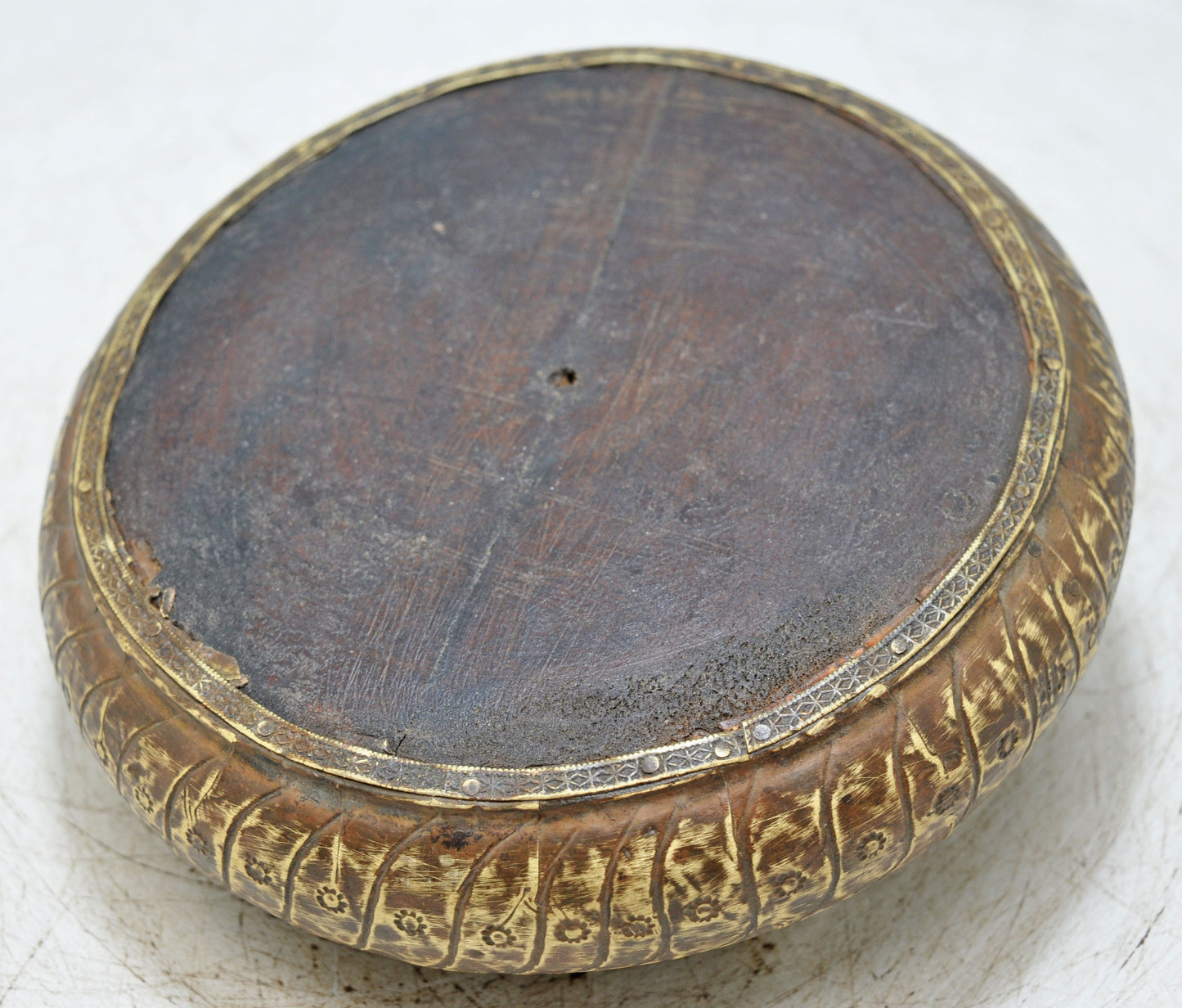 Vintage Wooden Round Opium Tobacco Box Original Old White Metal Fitted