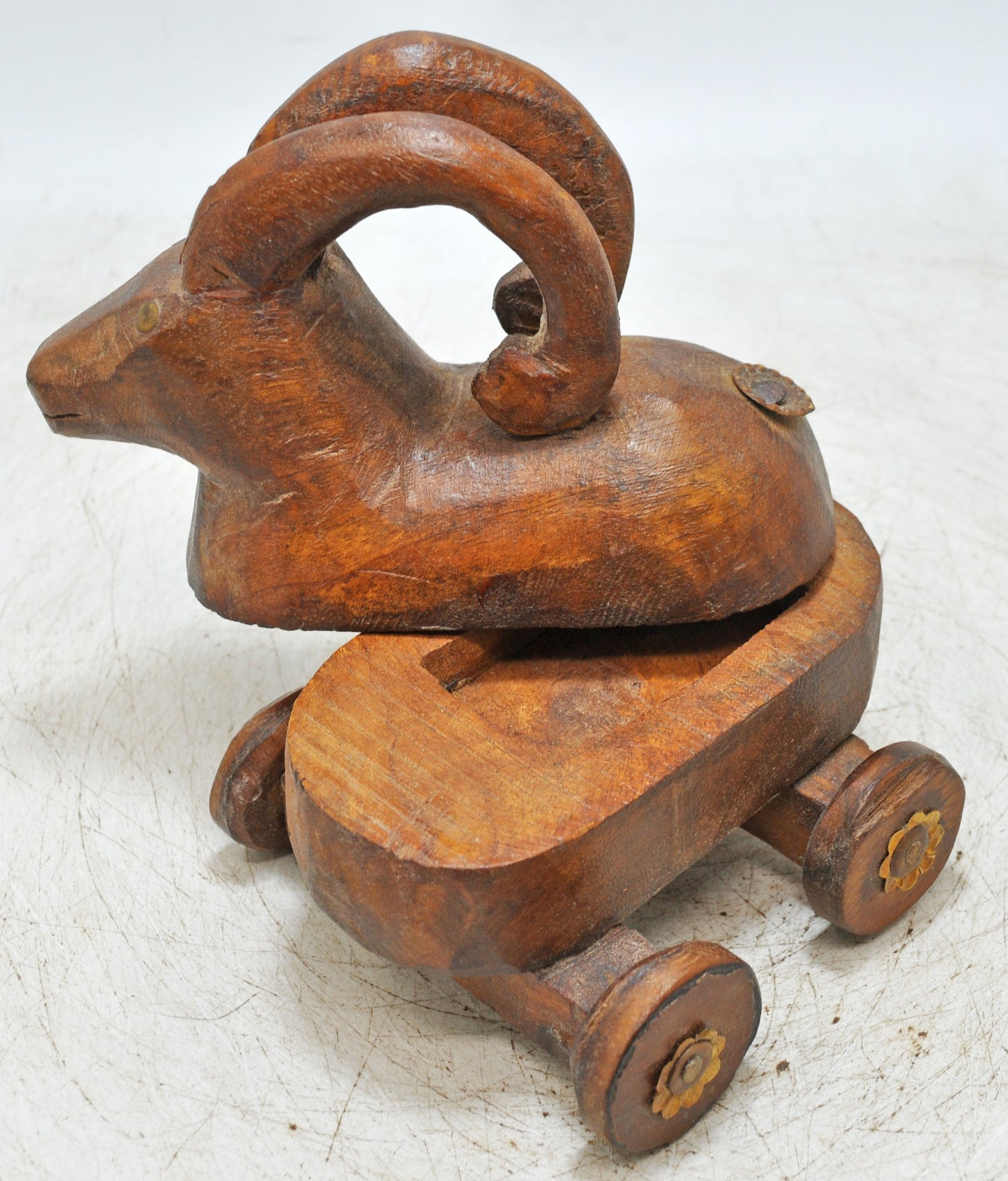 Vintage Wooden Ram Goat on Wheels Figurine Spice Box Original Old Hand Carved
