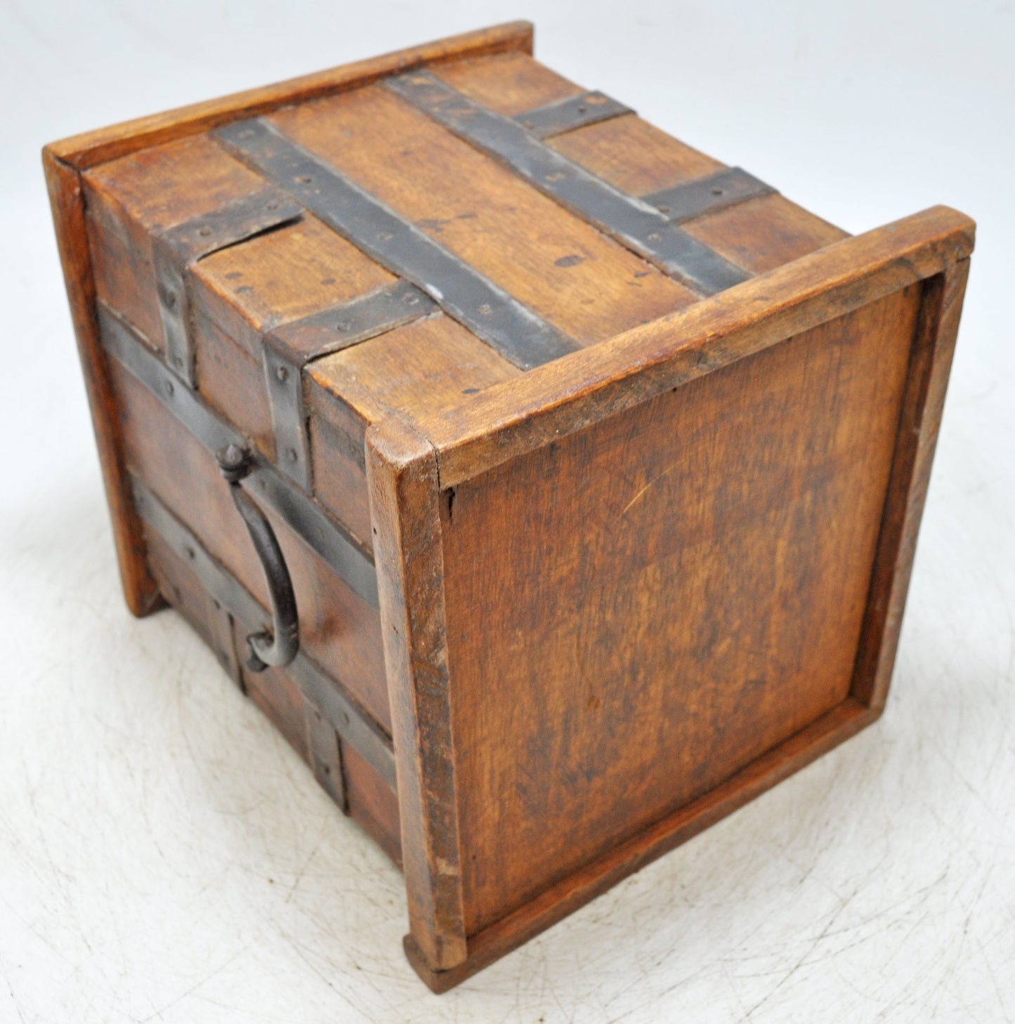 Vintage Wooden Square Planter Pot Original Old Hand Crafted Metal Fitted