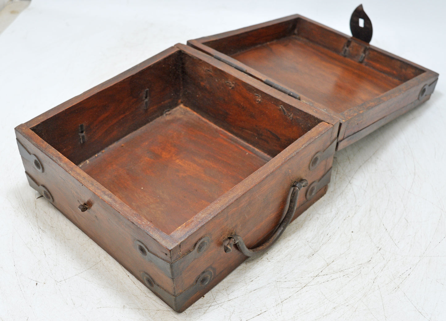 Vintage Wooden Square Storage Box Original Old Hand Crafted Metal Fitted