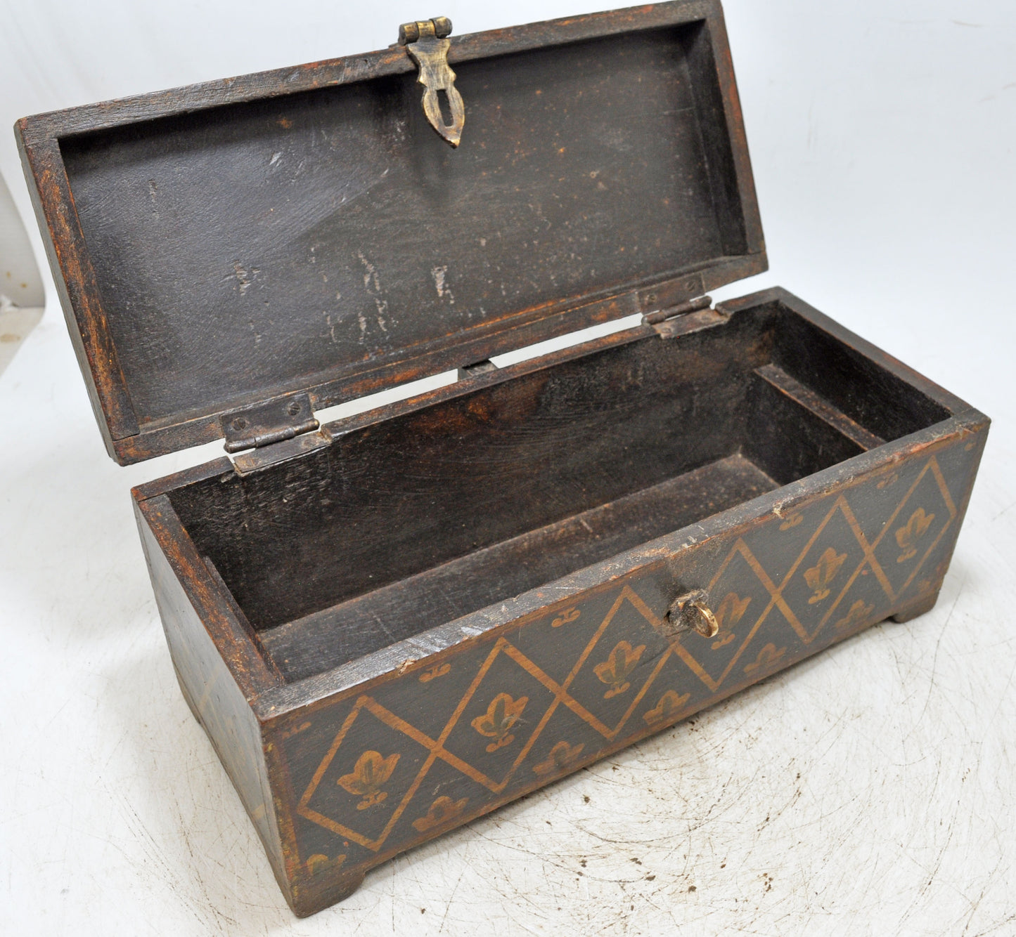 Antique Wooden Long Storage Box Original Old Hand Crafted Fine Painted