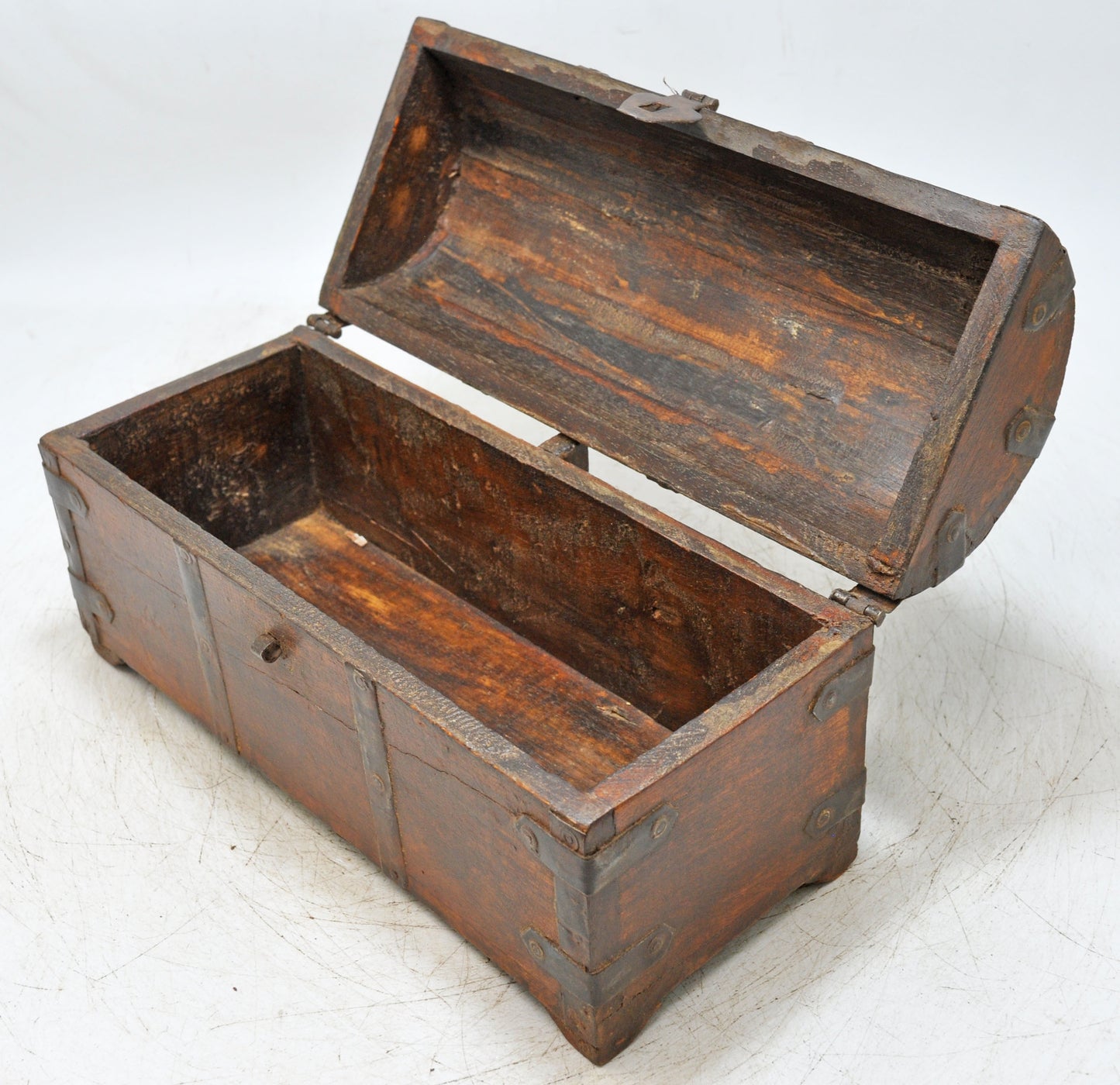 Vintage Wooden Half Round Storage Box Original Old Hand Crafted Metal Fitted