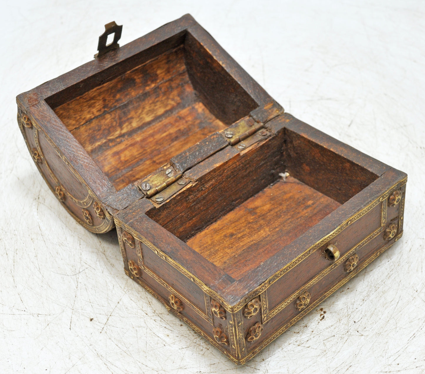 Vintage Wooden Small Half Round Storage Box Original Old Brass Fitted