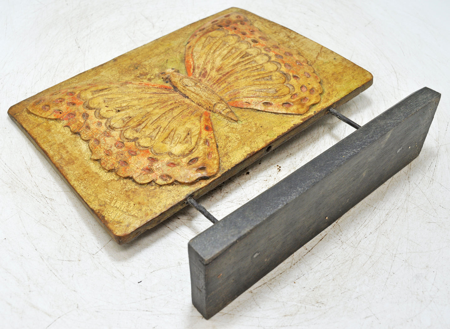 Vintage Wooden Butterfly Figure Carving Panel Plaque Original Old Fine Hand Carved