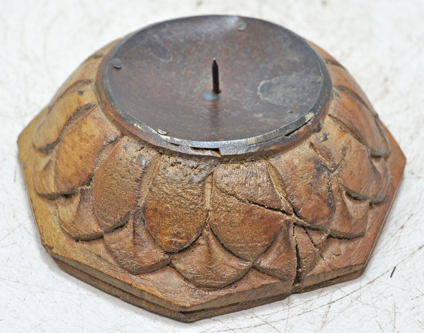Vintage Wooden Round Candle Holder Stand Original Old Fine Hand Carved