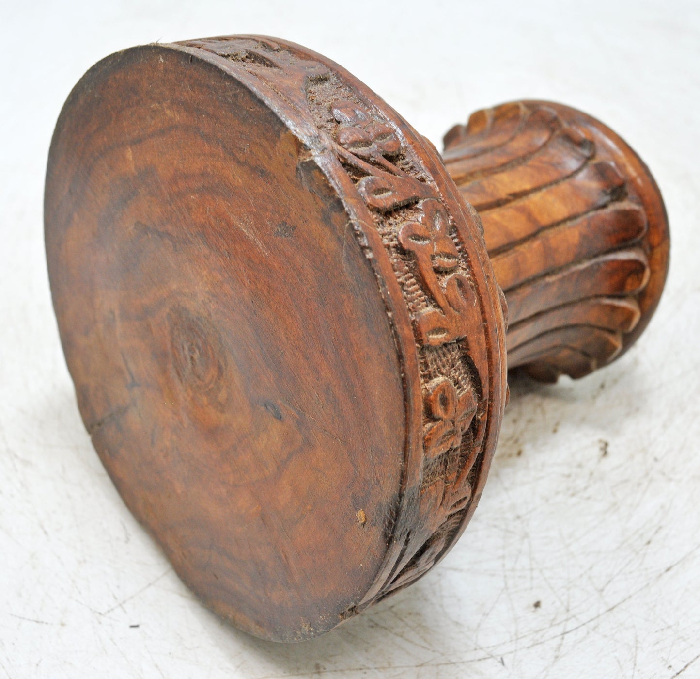 Vintage Wooden Round Candle Holder Stand Original Old Fine Hand Carved