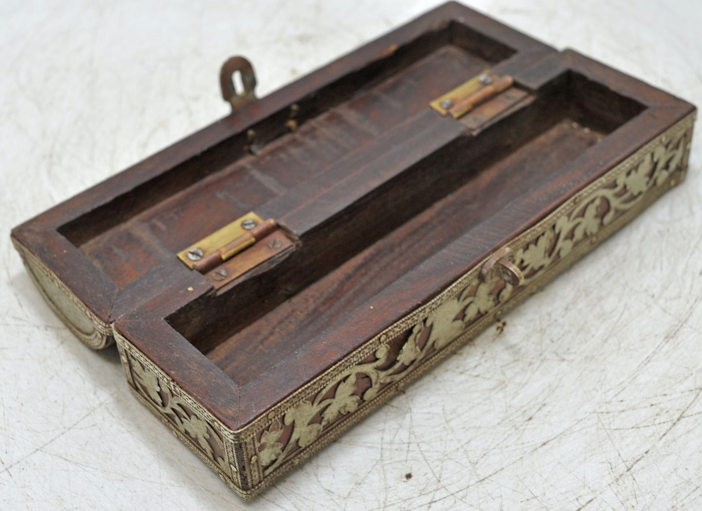 Vintage Wooden Half Round Pencil Stationary Box Original Old White Metal Fitted