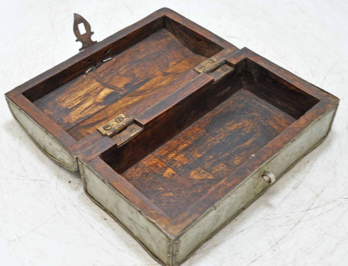 Vintage Wooden Storage Box Original Old Hand Crafted White Metal Fitted