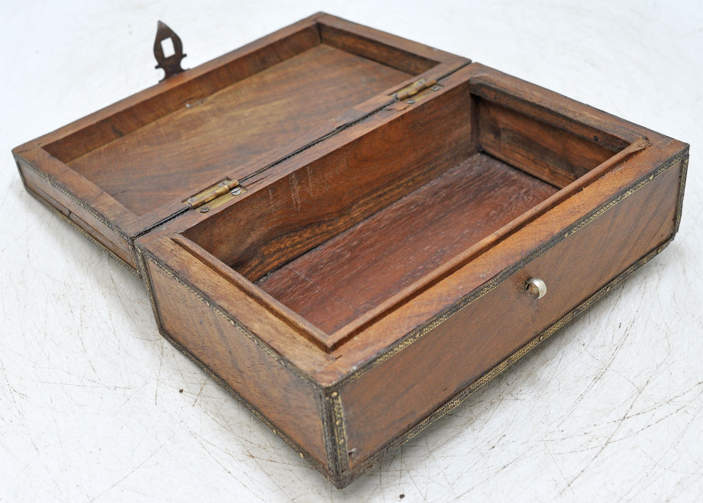 Vintage Wooden Storage Box Original Old Hand Crafted White Metal Fitted