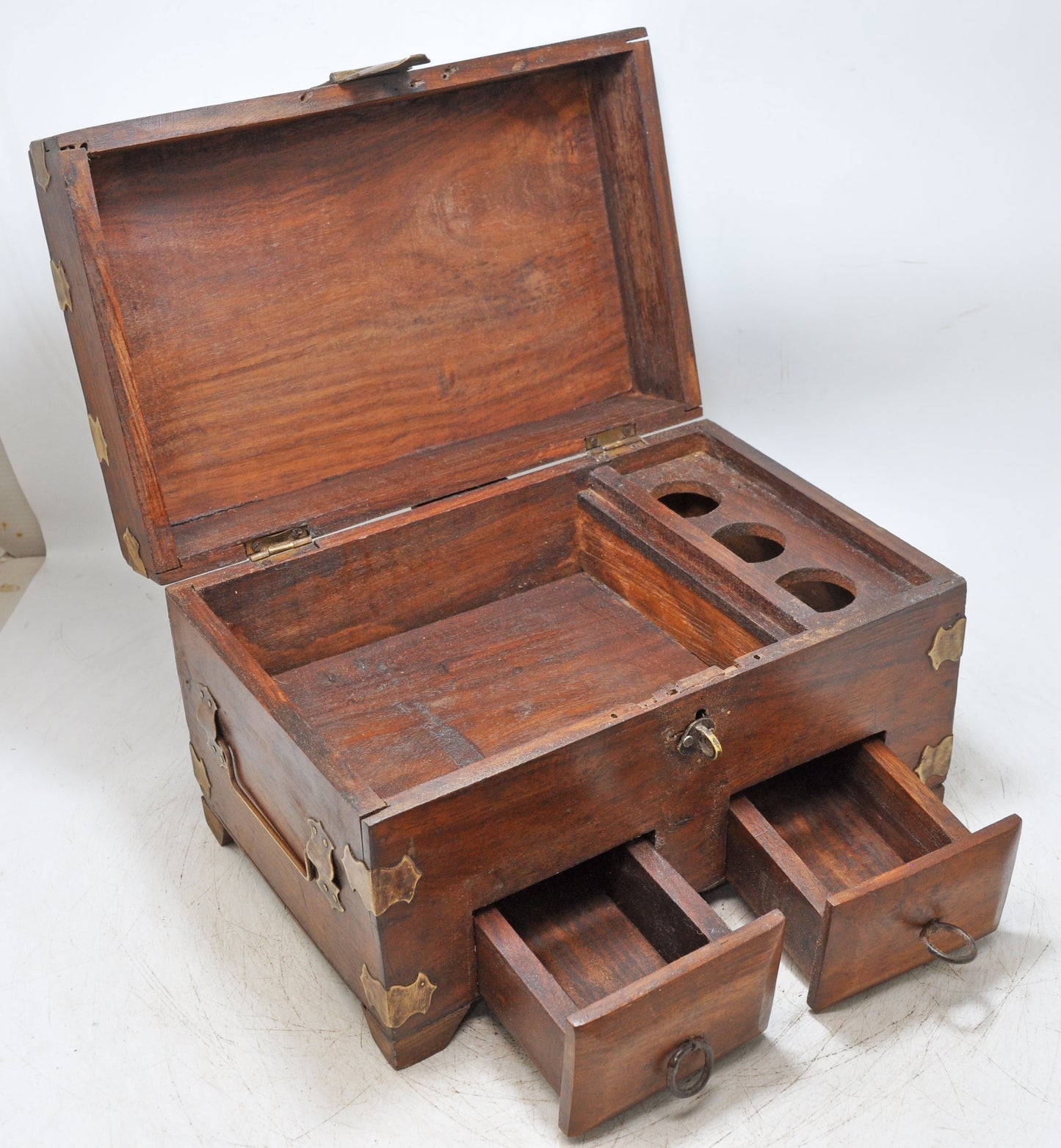 Vintage Wooden 2 Drawers Storage Box Original Old Hand Crafted Brass Fitted