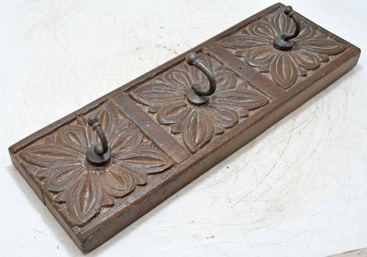 Vintage Wooden Wall 3 Hook Hanger Hardware Original Old Hand Carved
