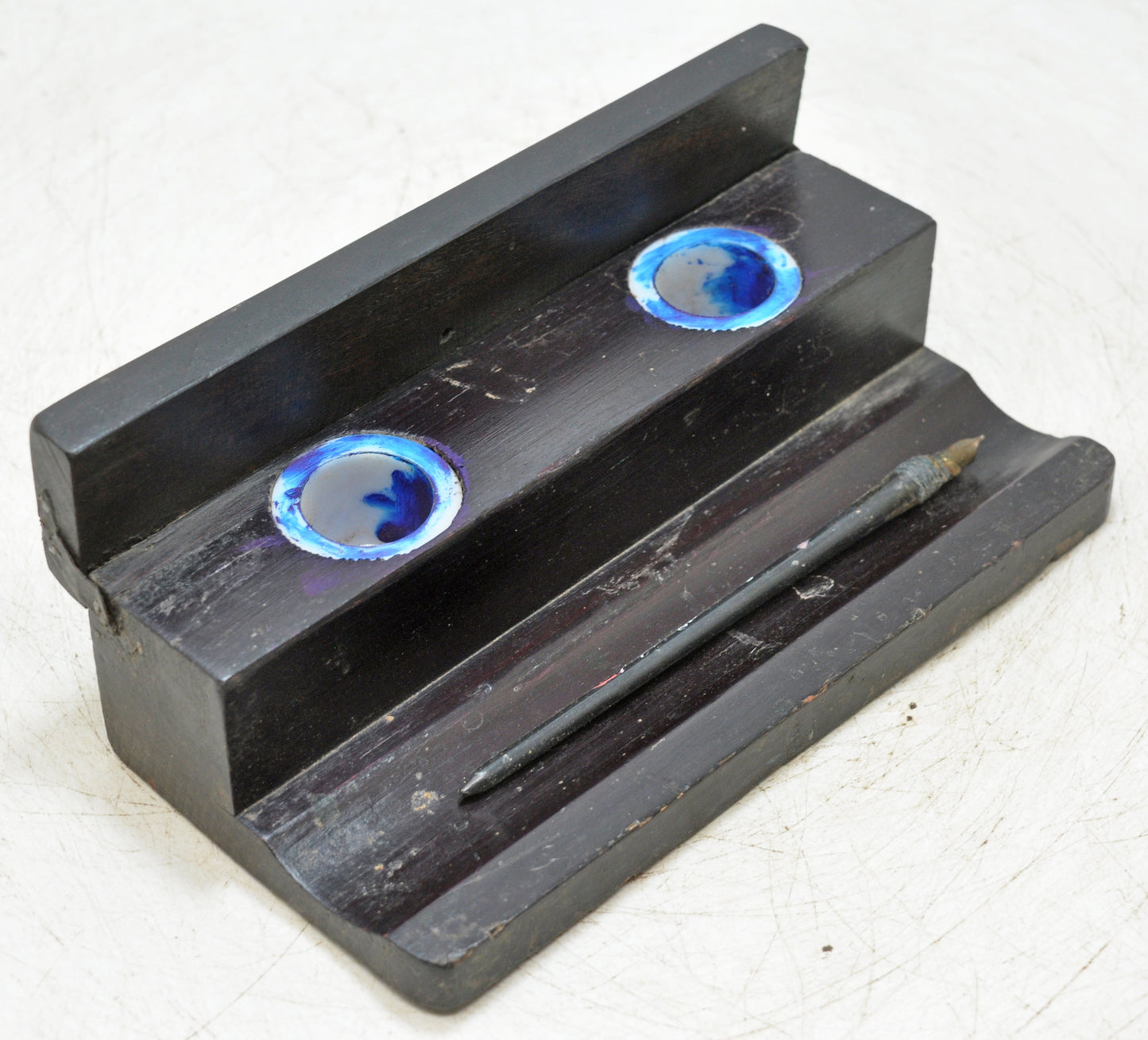 Antique Wooden Pen and Ink Pots Stand Original Old Hand Crafted