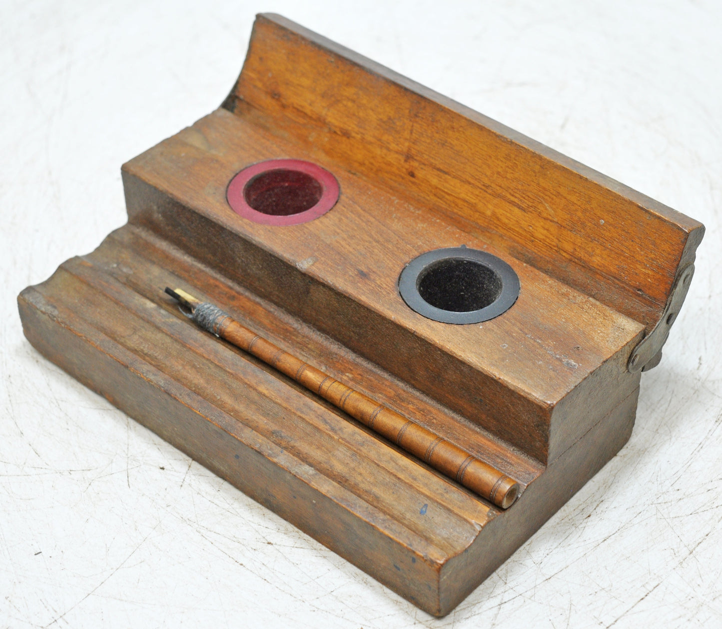Antique Wooden Pen and Ink Pots Stand Original Old Hand Crafted