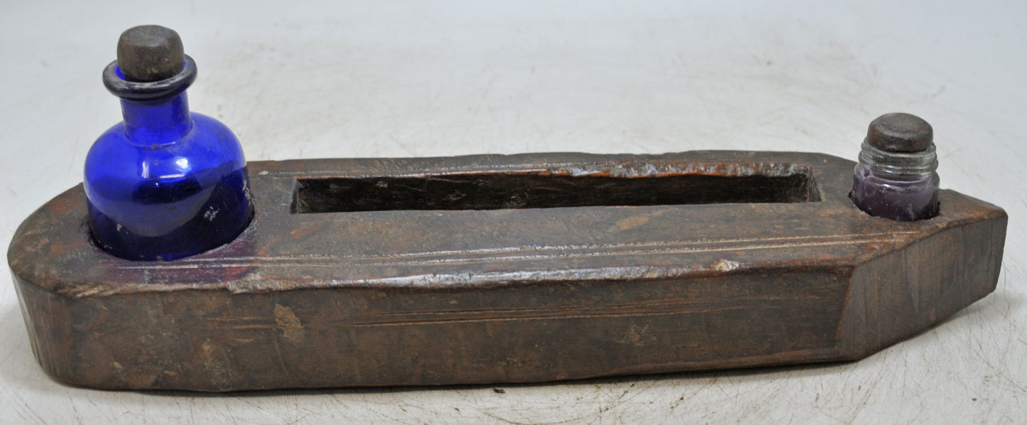 Antique Wooden Pen and Glass Ink Pots Stand Original Old Hand Crafted